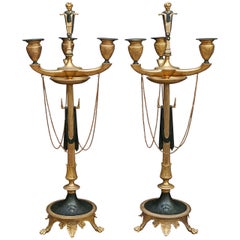 Pair of 19th Century French Neo-Greco Gilded and Tole Iron Candelabra