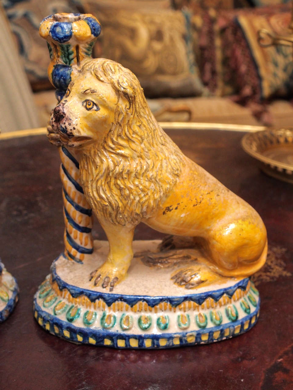 Pair of Italian Faience Lion Form Candlesticks In Good Condition For Sale In Natchez, MS