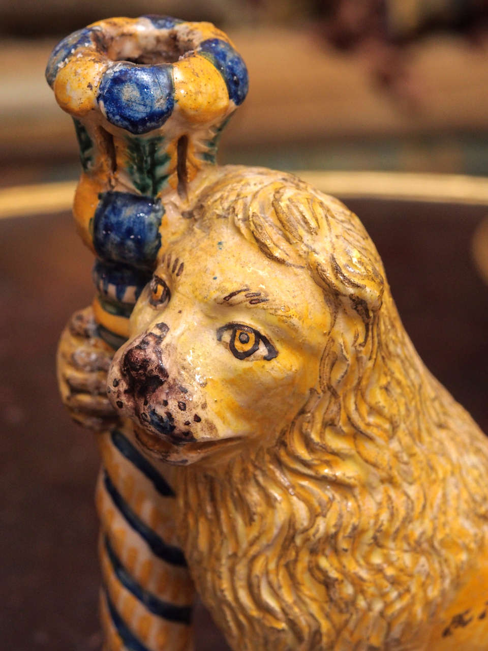 19th Century Pair of Italian Faience Lion Form Candlesticks For Sale