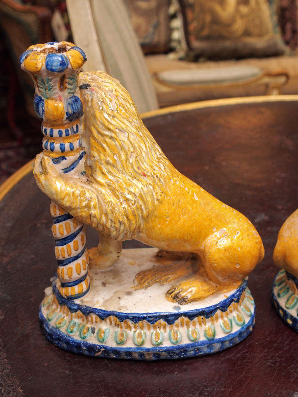 Pair of Italian Faience Lion Form Candlesticks For Sale 3
