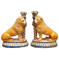 Antique Pair of Italian Faience Lion Form Candlesticks