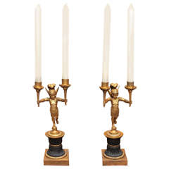 Pair of French Empire Gilt and Patinated Bronze Candlesticks
