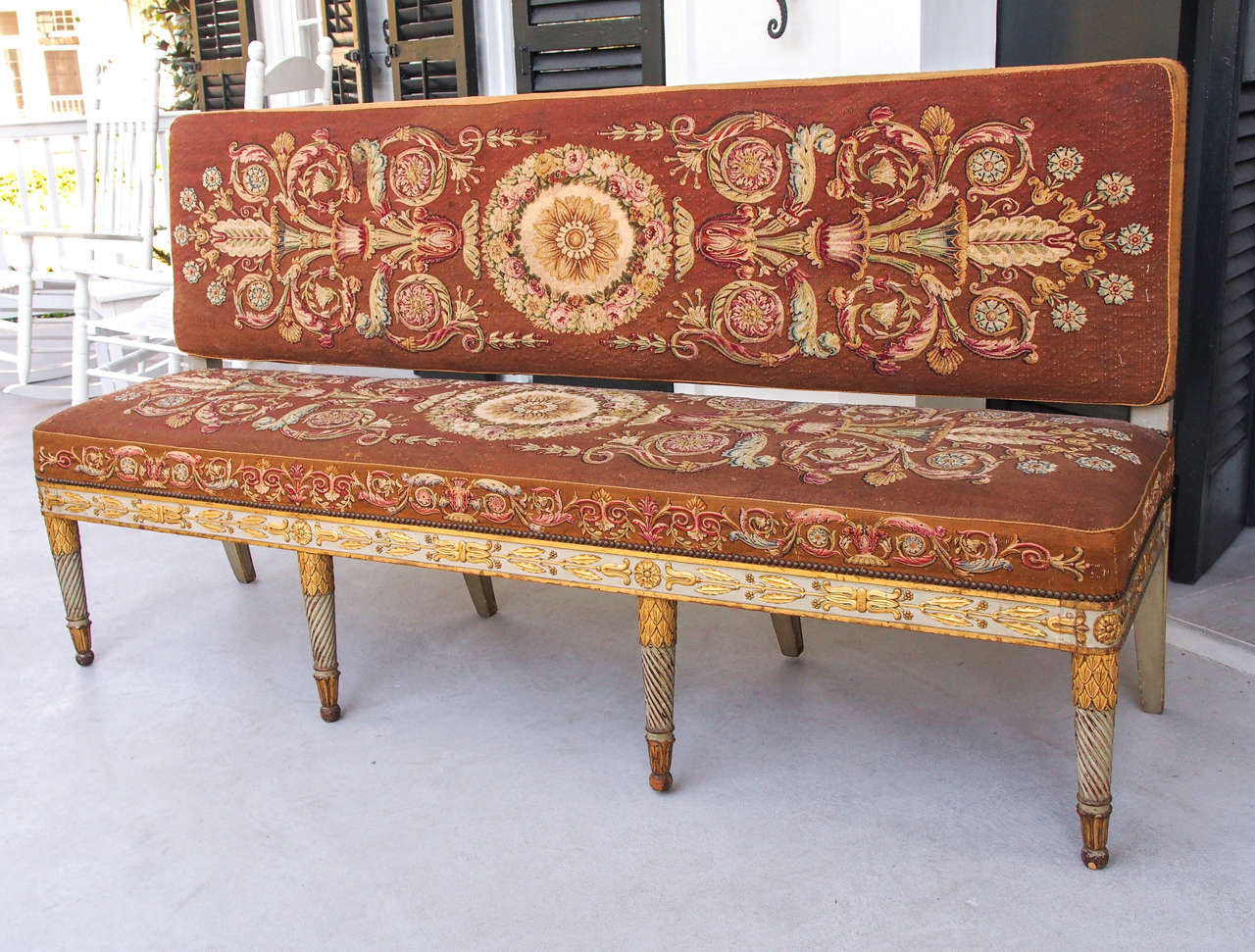 Painted Exceptional French Empire Aubusson Covered Hall Bench