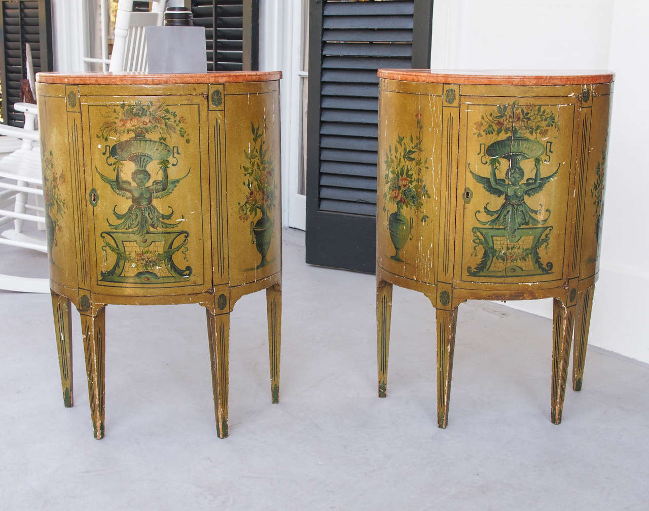 Pair of Italian Painted Demilune Cabinets with Marble Tops