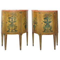 Pair of Italian Painted Demilune Cabinets with Marble Tops 1
