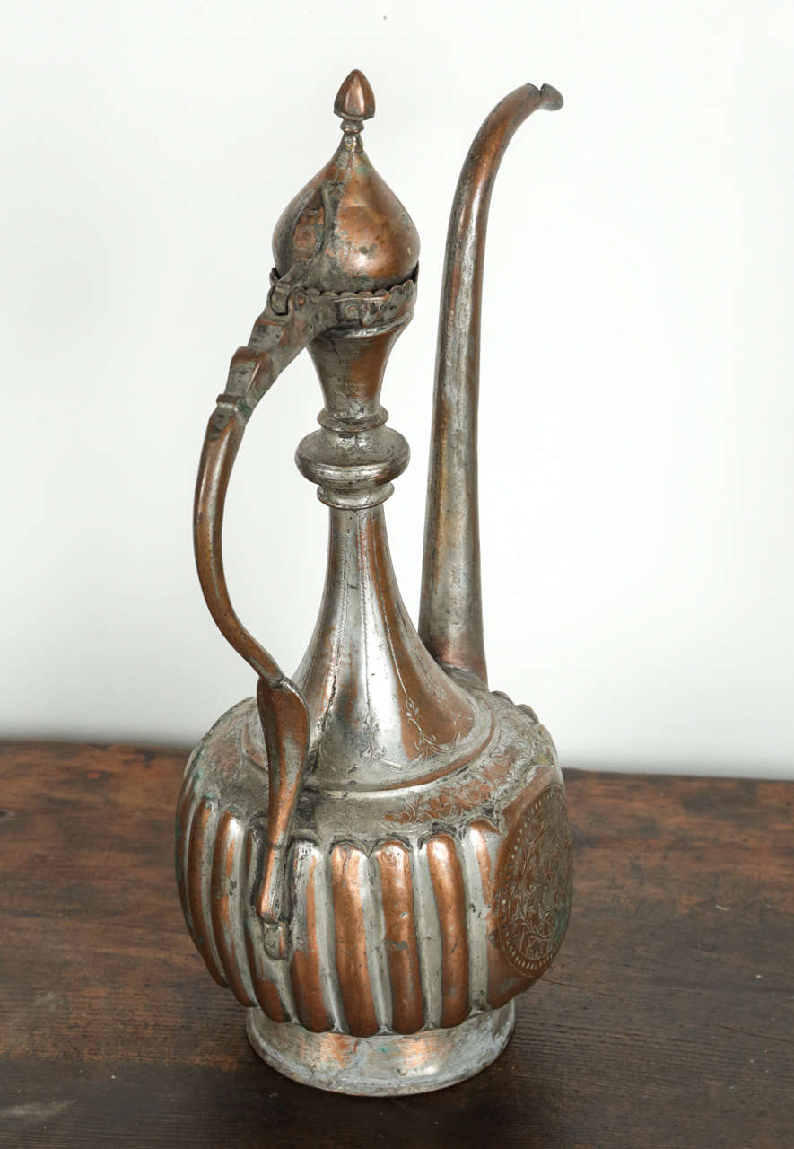 Antique Middle Eastern Persian Tinned Copper Ewer For Sale at 1stdibs