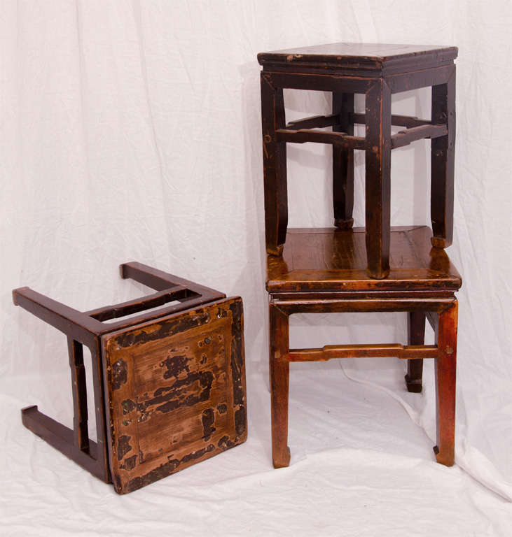 Late 19th century Q'ing Dynasty lacquered Ming styled stools (two available, priced and sold separately.)