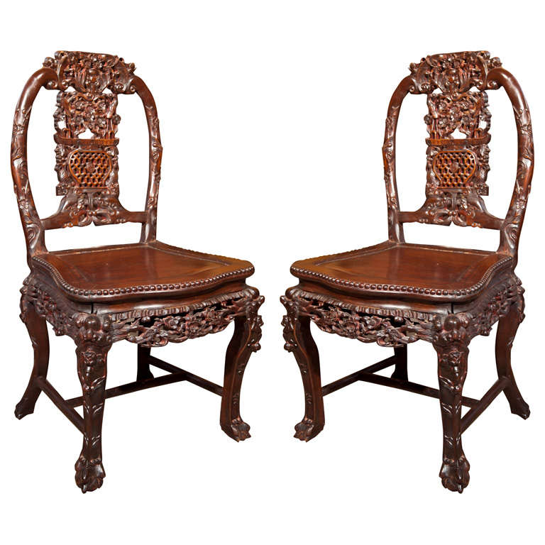 Pair Hand Carved Chinese  Chairs For Sale
