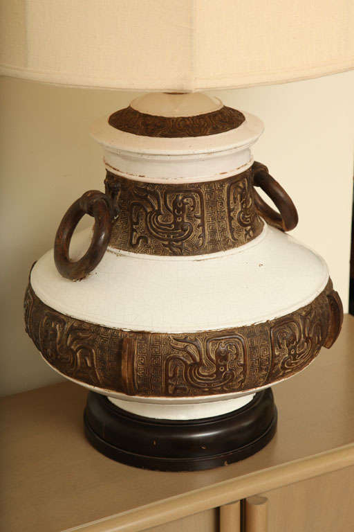 American Large Crackle Glazed Lamp With Aztec Decoration c. 1950 For Sale