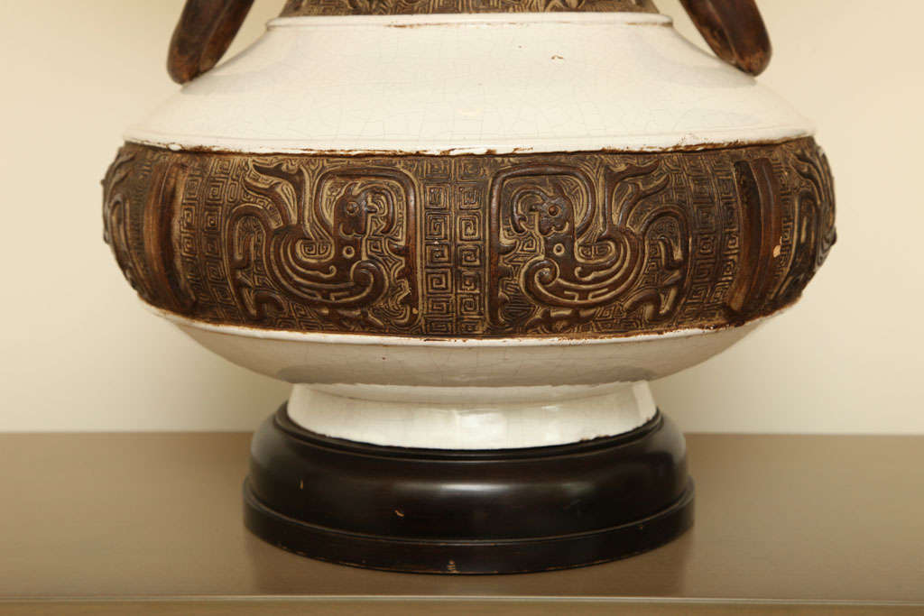 Mid-20th Century Large Crackle Glazed Lamp With Aztec Decoration c. 1950 For Sale
