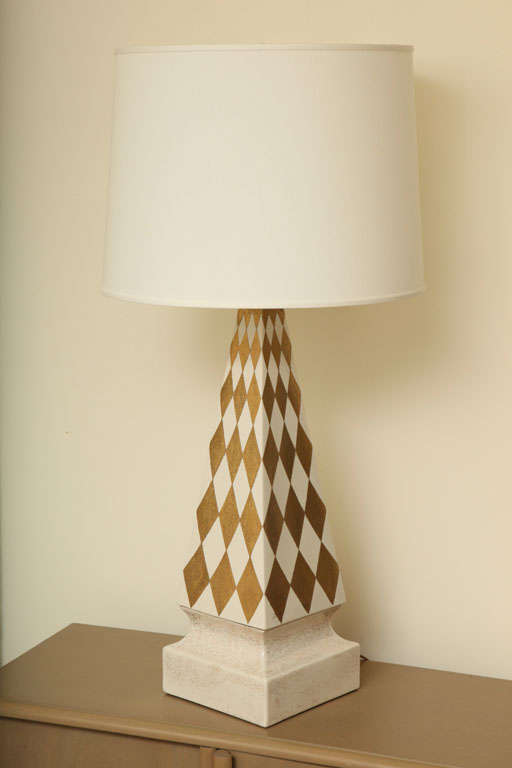 Large triangular ceramic lamp with gold glazed harlequin design, c.1950