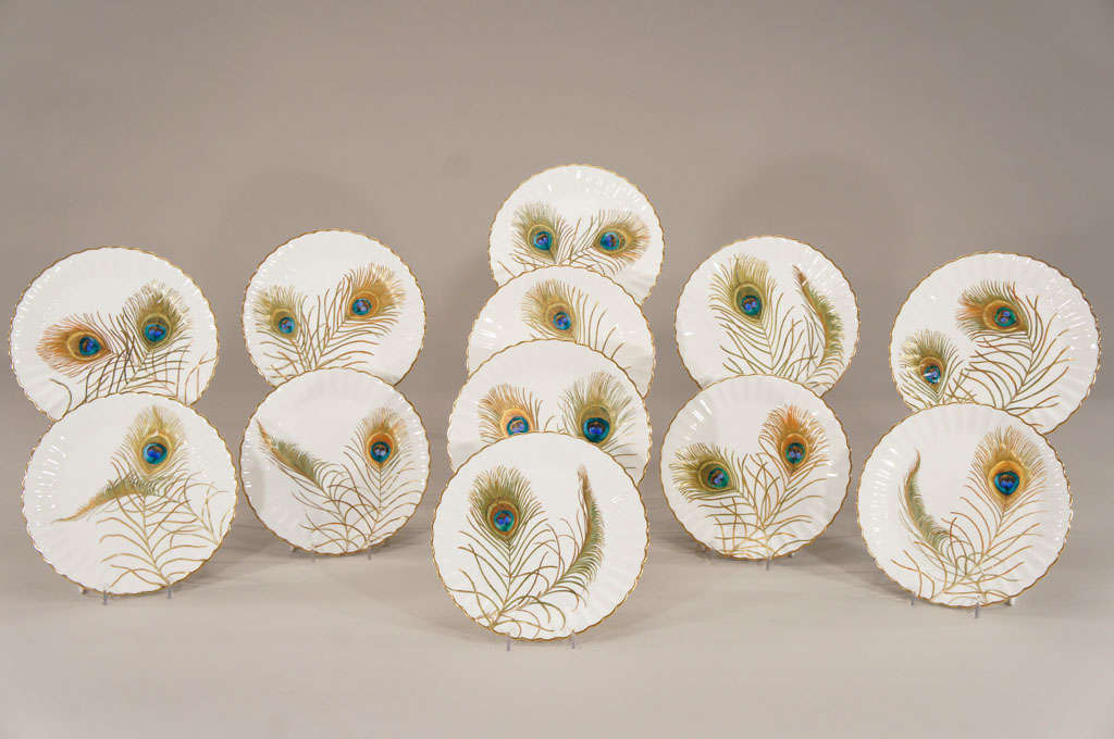 12 Bodley "Aesthetic Movement" Hand Painted Peacock Plates