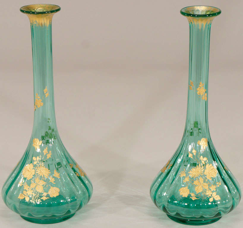 19th Century Pair of French Hand Blown Teal Crystal Vases W/ Gold