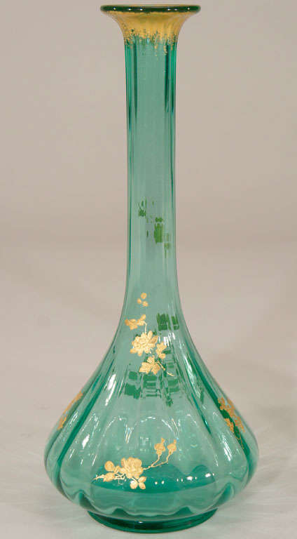 Pair of French Hand Blown Teal Crystal Vases W/ Gold 1