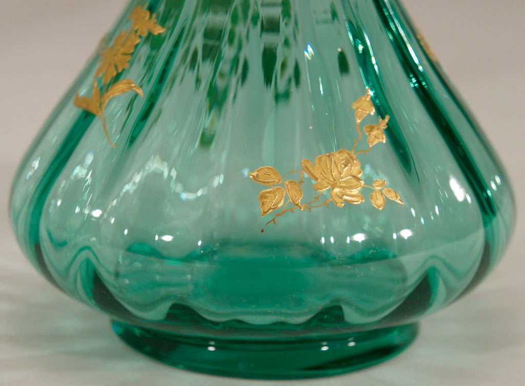 Pair of French Hand Blown Teal Crystal Vases W/ Gold 3
