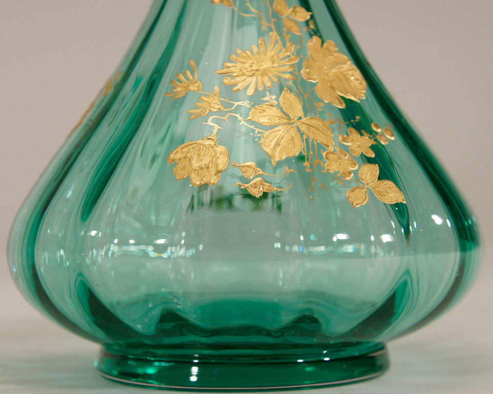 Pair of French Hand Blown Teal Crystal Vases W/ Gold 6