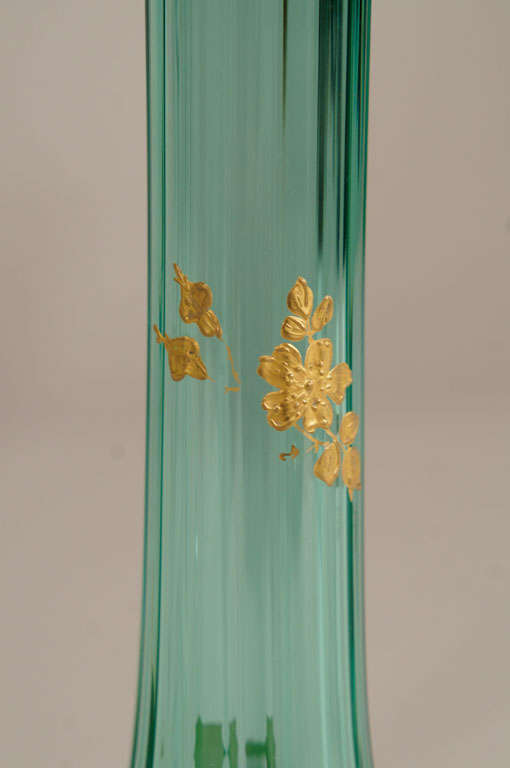 Pair of French Hand Blown Teal Crystal Vases W/ Gold 7