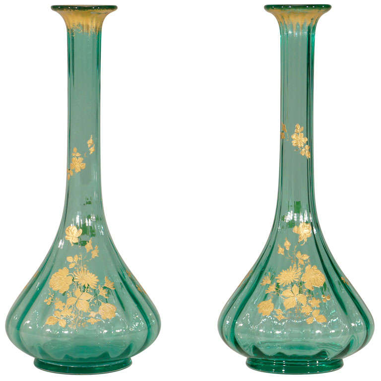 Pair of French Hand Blown Teal Crystal Vases W/ Gold
