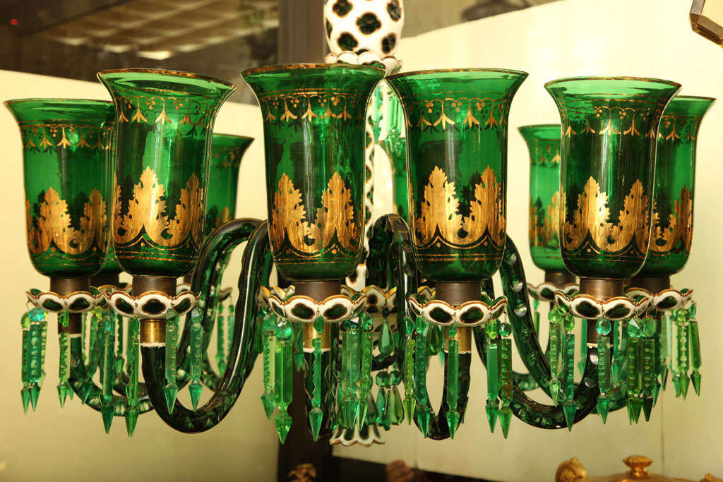 British  Green, White and Gilt Glass Overlay Chandelier Attributed to Osler