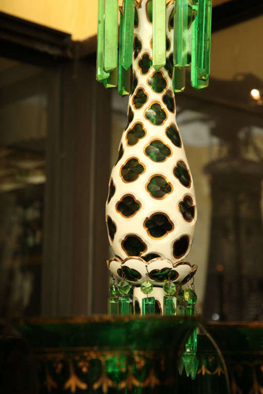 19th Century  Green, White and Gilt Glass Overlay Chandelier Attributed to Osler
