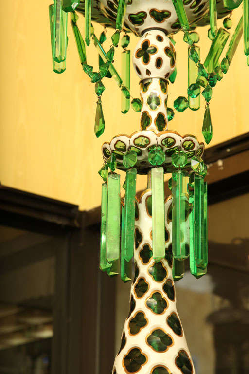  Green, White and Gilt Glass Overlay Chandelier Attributed to Osler 1