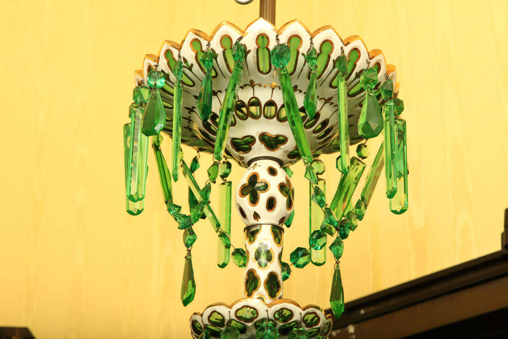  Green, White and Gilt Glass Overlay Chandelier Attributed to Osler 2