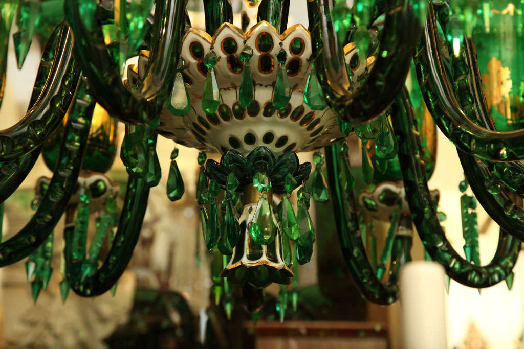  Green, White and Gilt Glass Overlay Chandelier Attributed to Osler 3