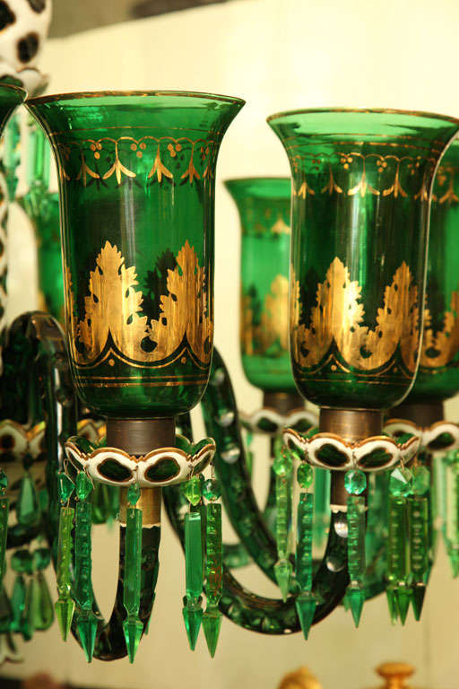  Green, White and Gilt Glass Overlay Chandelier Attributed to Osler 4