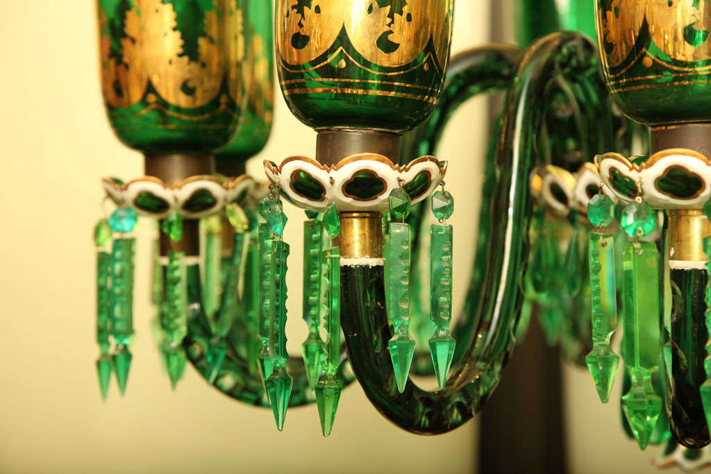  Green, White and Gilt Glass Overlay Chandelier Attributed to Osler 5
