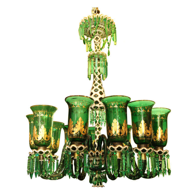  Green, White and Gilt Glass Overlay Chandelier Attributed to Osler