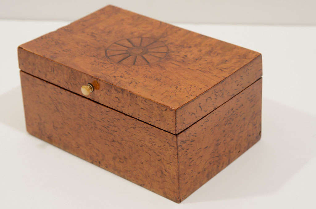 A Swedish birch root box, Circa 1830, of rectangular form with a hinged lid inlaid with a fan medallion.