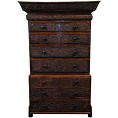 Used Early Dutch Carved Wood Chest on Chest, c. 1700
