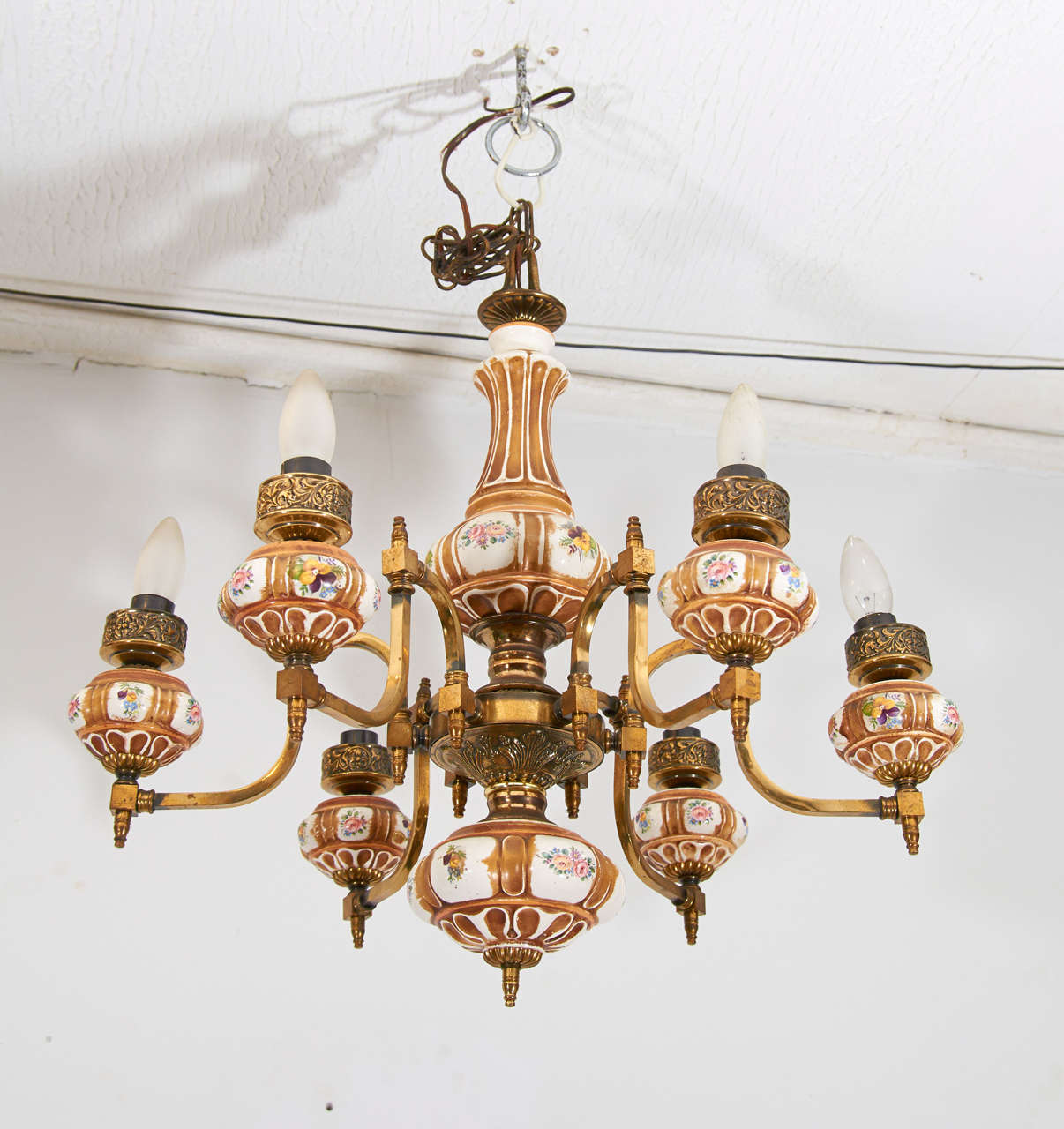 Beautiful antique brass and painted porcelain with six arms oil chandelier electrified,