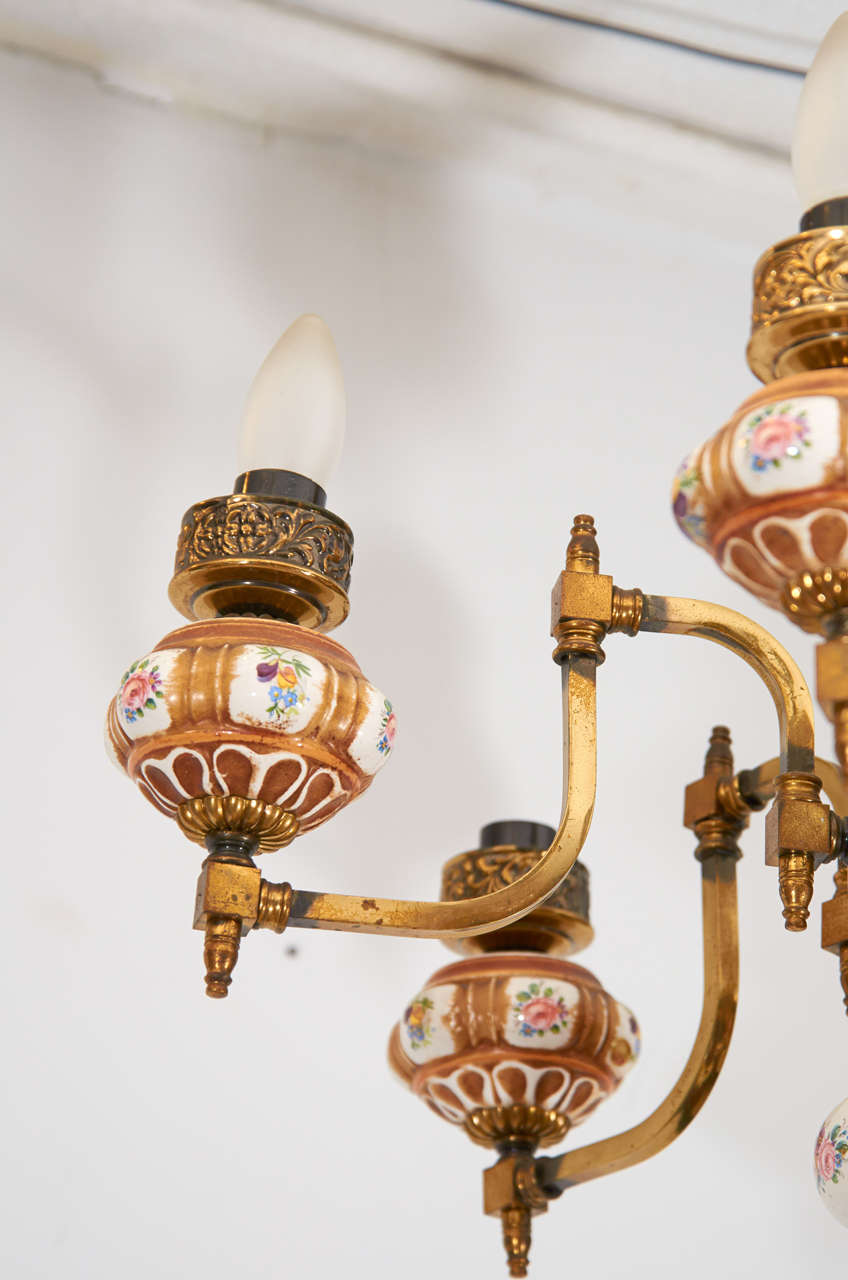 French 19th C. Brass and Porcelain Oil Chandelier For Sale