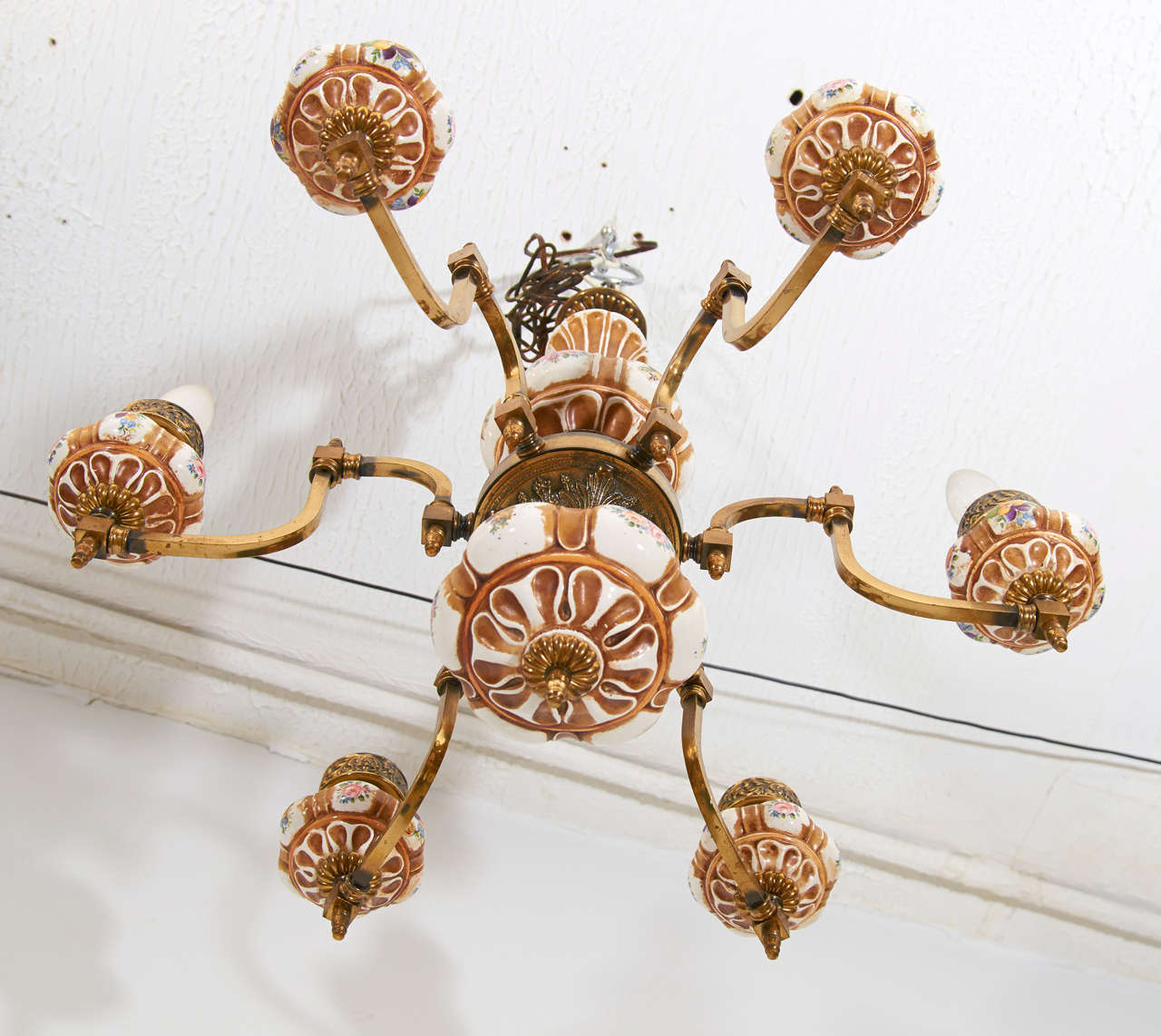 19th Century 19th C. Brass and Porcelain Oil Chandelier For Sale