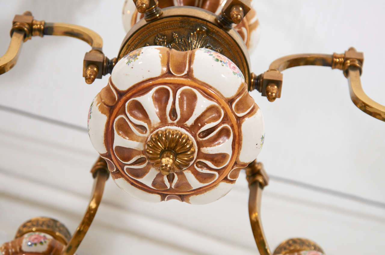 19th C. Brass and Porcelain Oil Chandelier For Sale 1