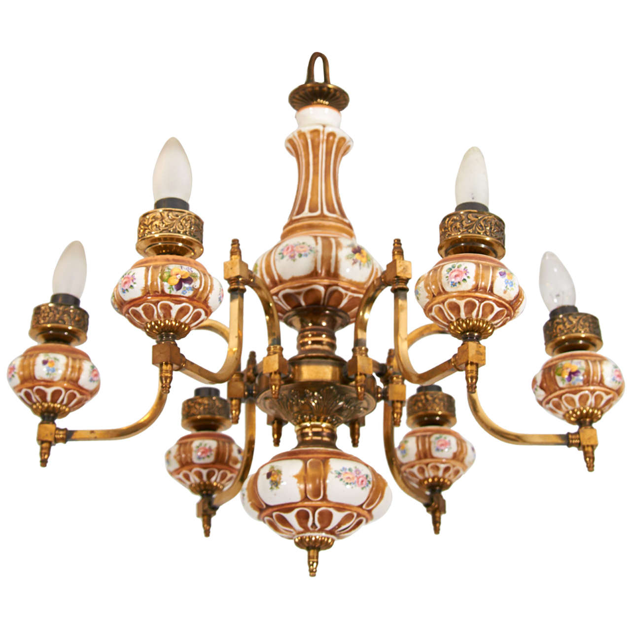 19th C. Brass and Porcelain Oil Chandelier For Sale