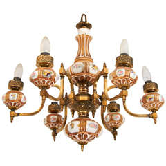 19th C. Brass and Porcelain Oil Chandelier