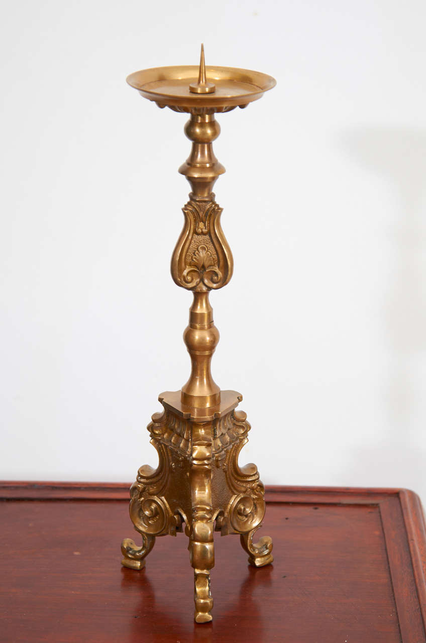 19th/20th C. Continental pair of carved brass picket sticks, three-sided bases.