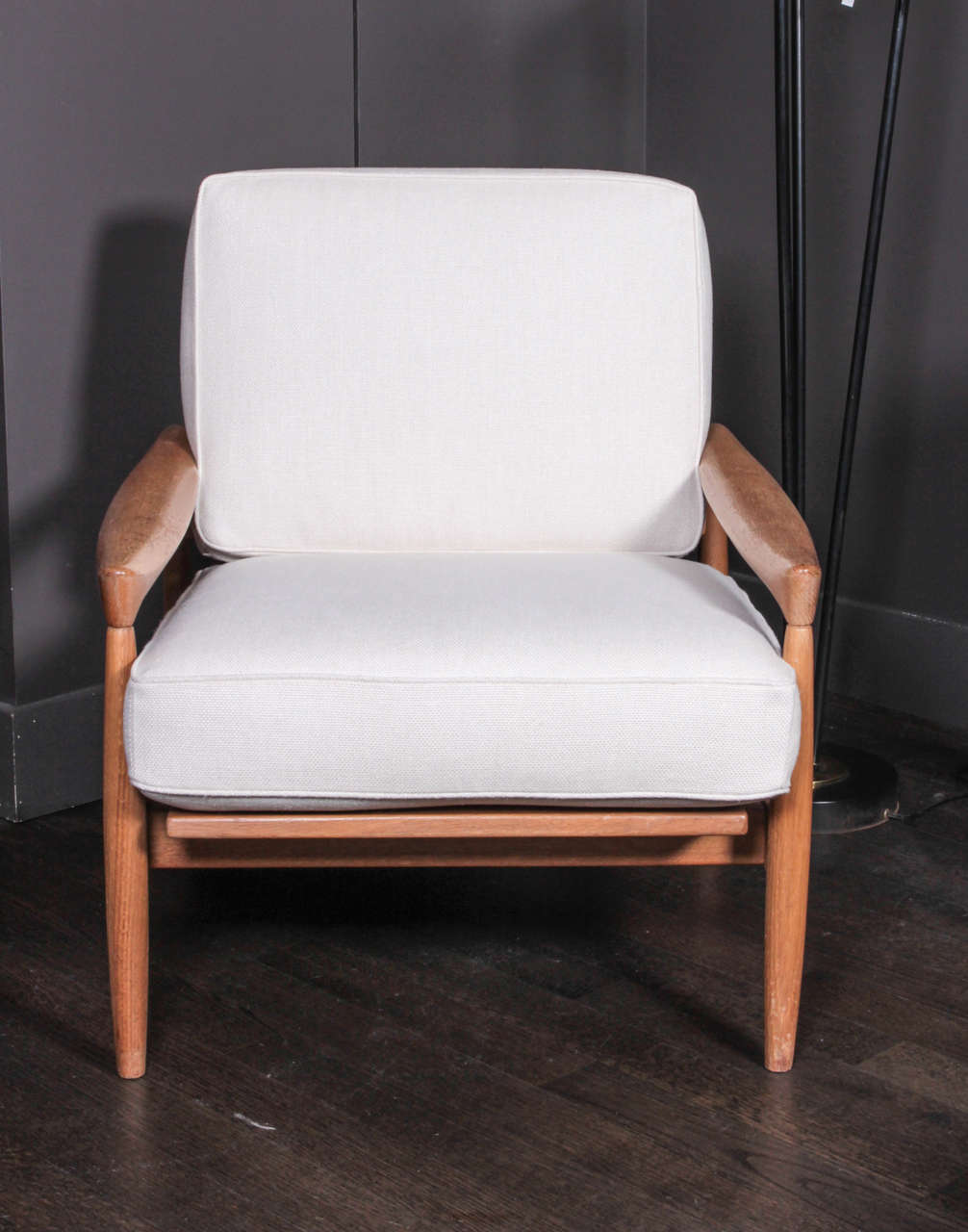 Mid Century teak arm chairs refurbished and reupholstered with 100% Belgium linen in natural.