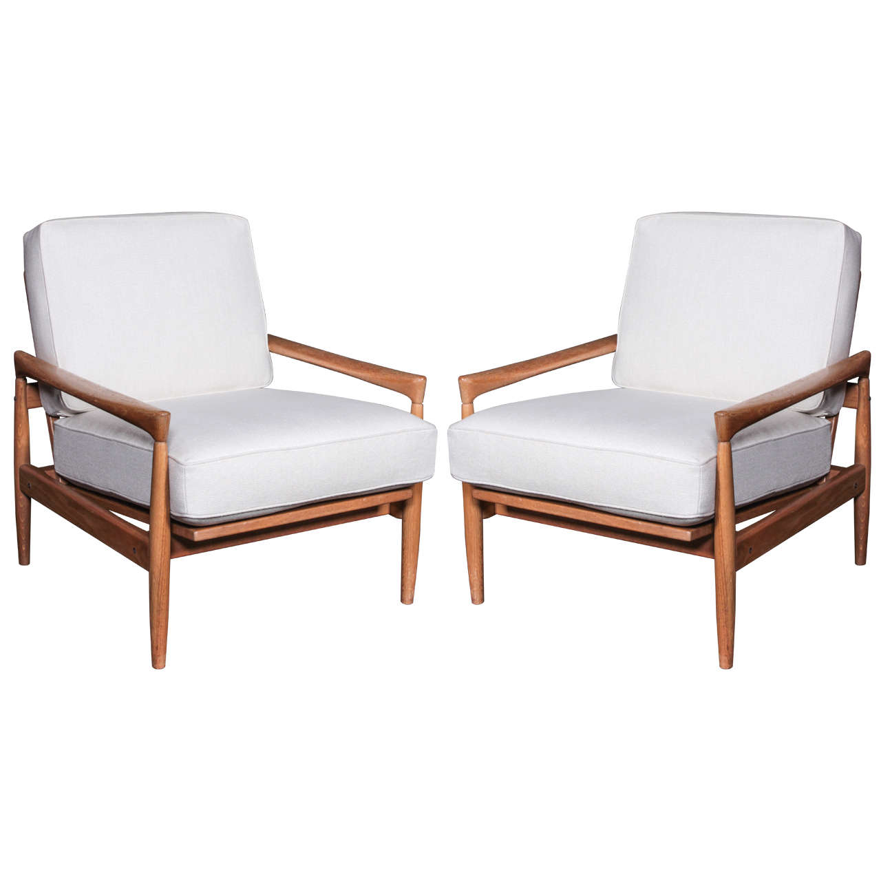 Reupholstered Mid Century Teak Arm Chairs For Sale