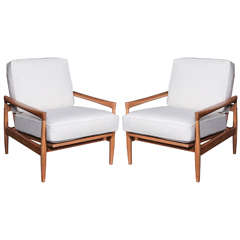 Reupholstered Mid Century Teak Arm Chairs