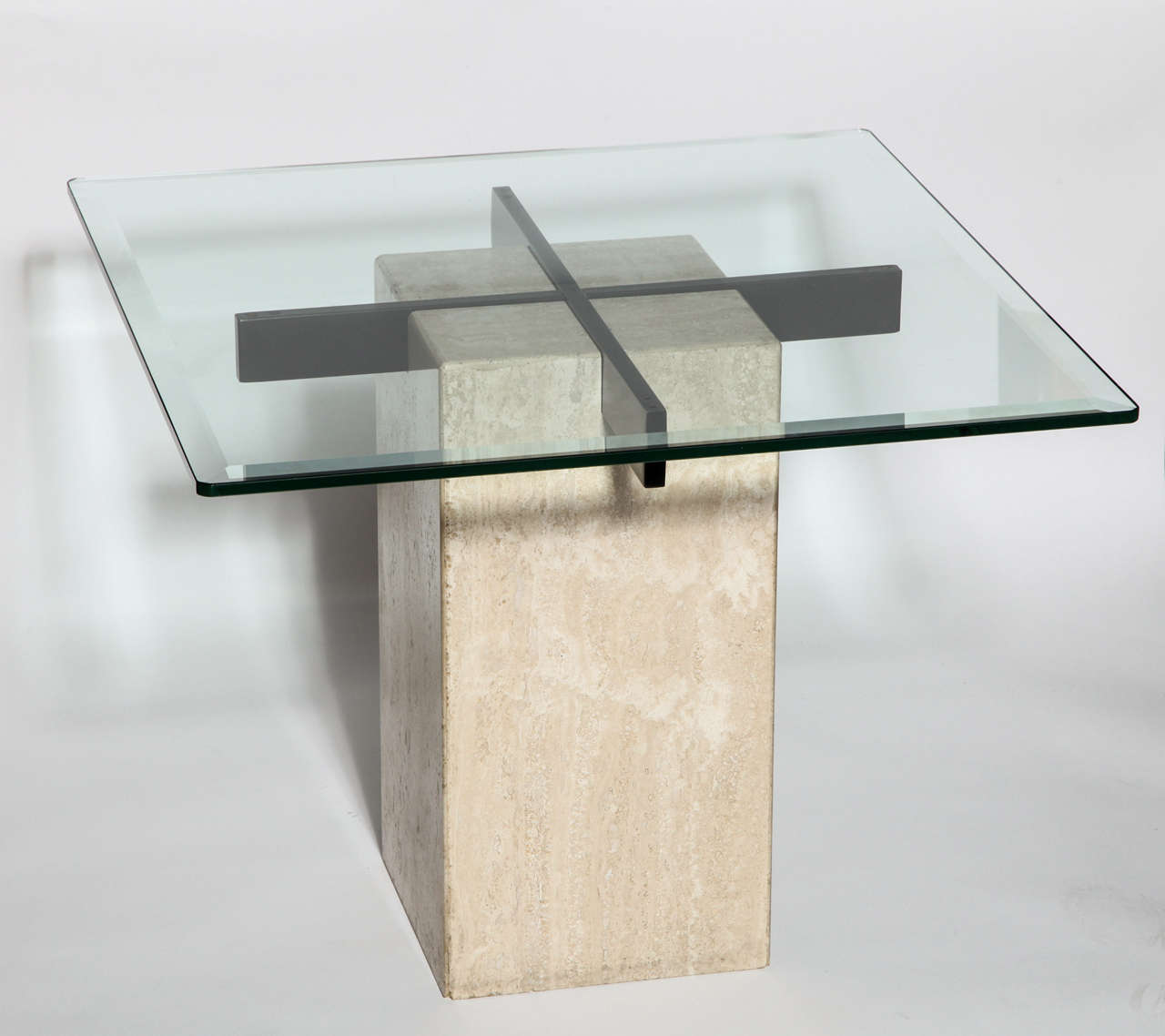 Pair of Travertine and Beveled Glass Side Tables