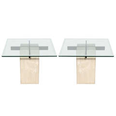 Pair of Travertine and Beveled Glass Side Tables