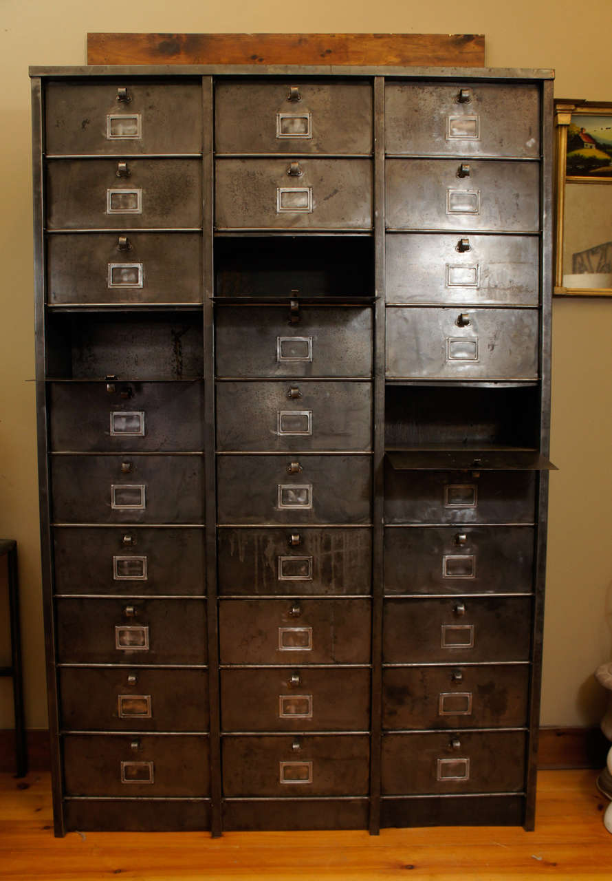 Mid-20th Century French Industrial Metal Cabinet, 30 Drawers