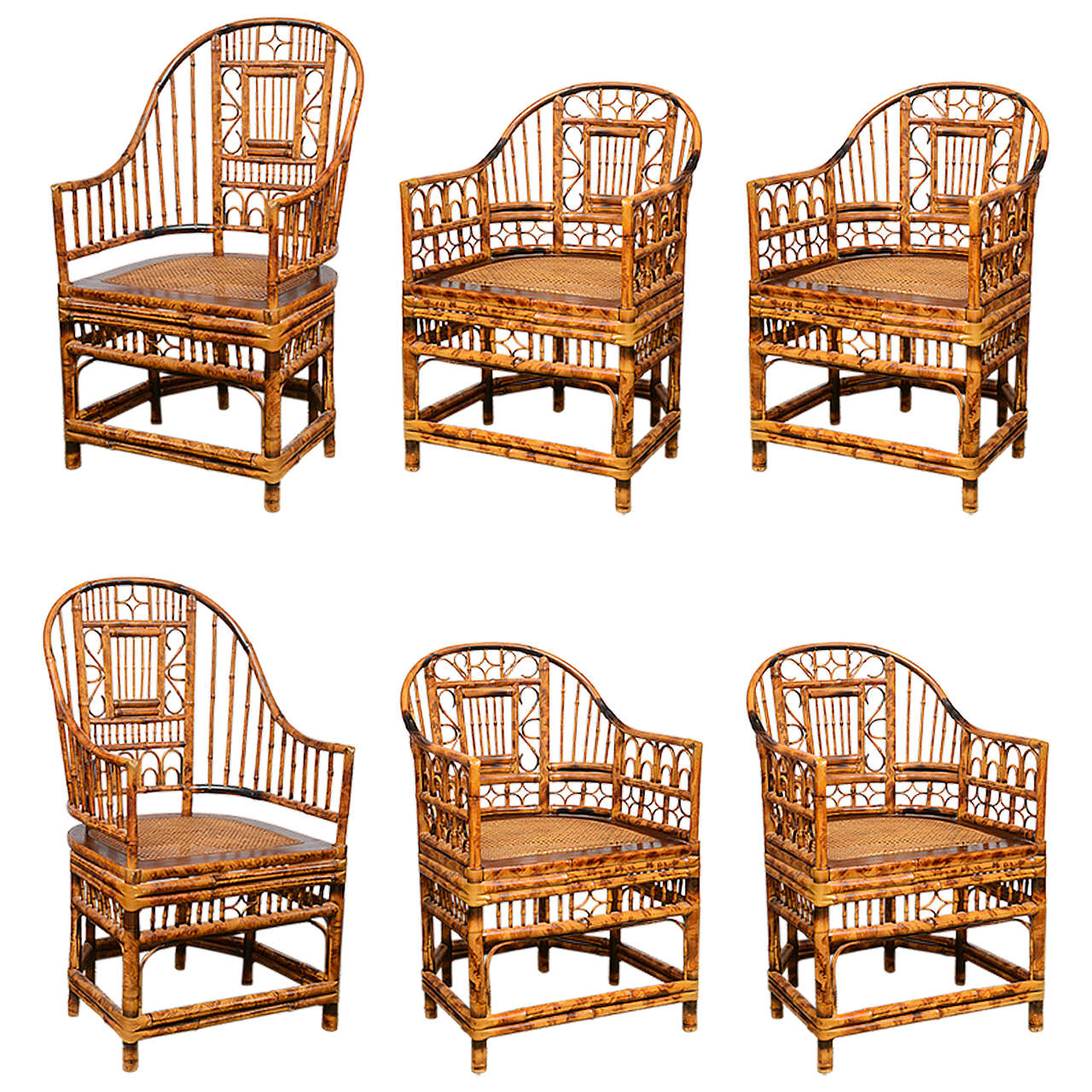Superb Set of Four Bamboo Vintage Chinese Chippendale Chairs and Two