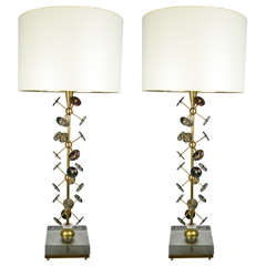 Amazing Pair of Ocean Jasper, Brass and Murano Glass Lamps