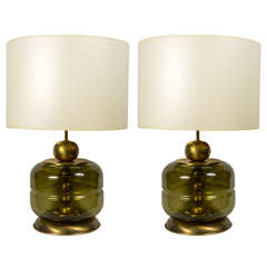 Rare Pair of Signed Brass and Murano Glass Lamps by Seguso