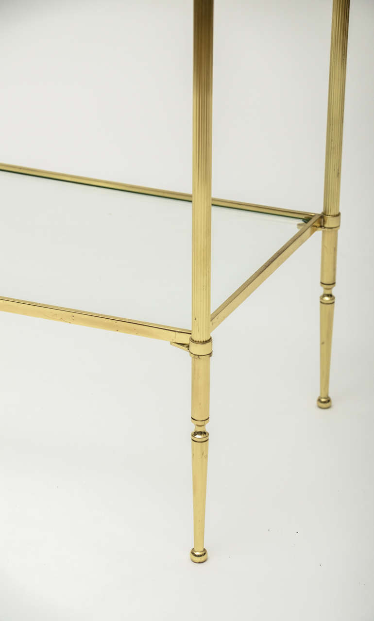 Pair of Mid-Century Modern French Two-Tier Brass and Glass Side Tables In Excellent Condition In East Hampton, NY
