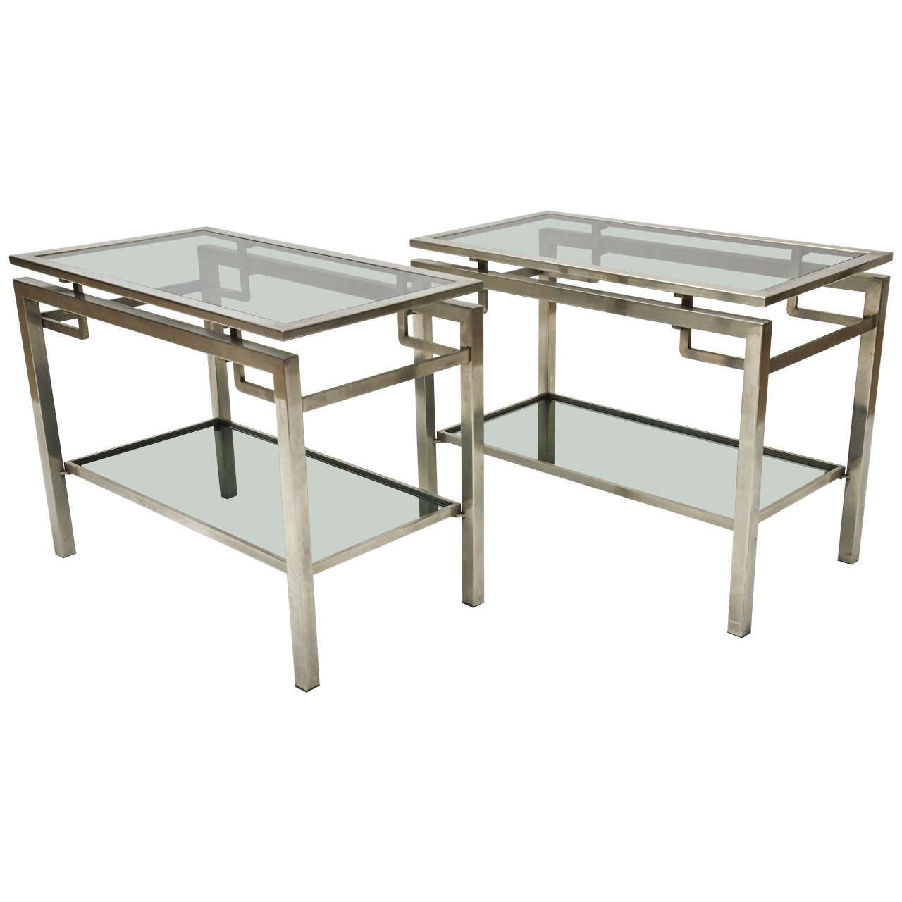 Pair of Mid-Century Modern French Guy Le Fevre Chrome Two-Tier Side Tables For Sale